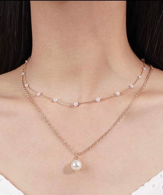 Gold & Faux Pearl Crystal 'CC' Layered Necklace
