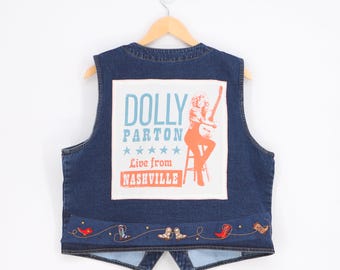 Upcycled DOLLY PARTON Denim Vest Cowboy Boots Embroidered