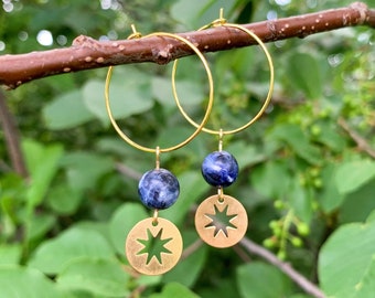Pendientes de aro de sodalita con forma de estrella / Joyas de cristal, dije celestial dorado, regalo