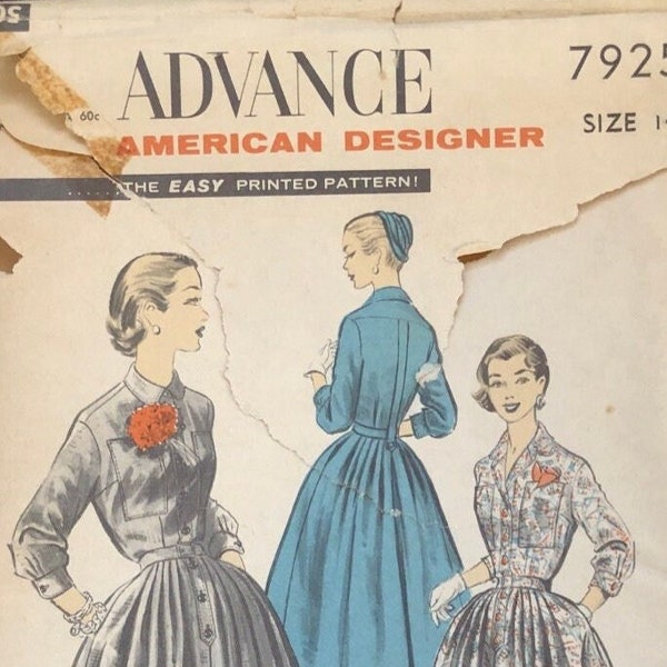 1950's Advance Dress Pattern #7925, Original Design by Georgia Bullock of California, Vintage Casual Shirtwaist Dress, Sewing Pattern