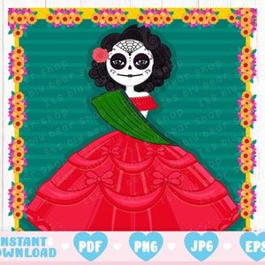 Little Catrina svg, Sugar Skull svg, Sugar Skull cut file, day of the dead, dia de los muertos, Cute girl Sugar Skull Full color