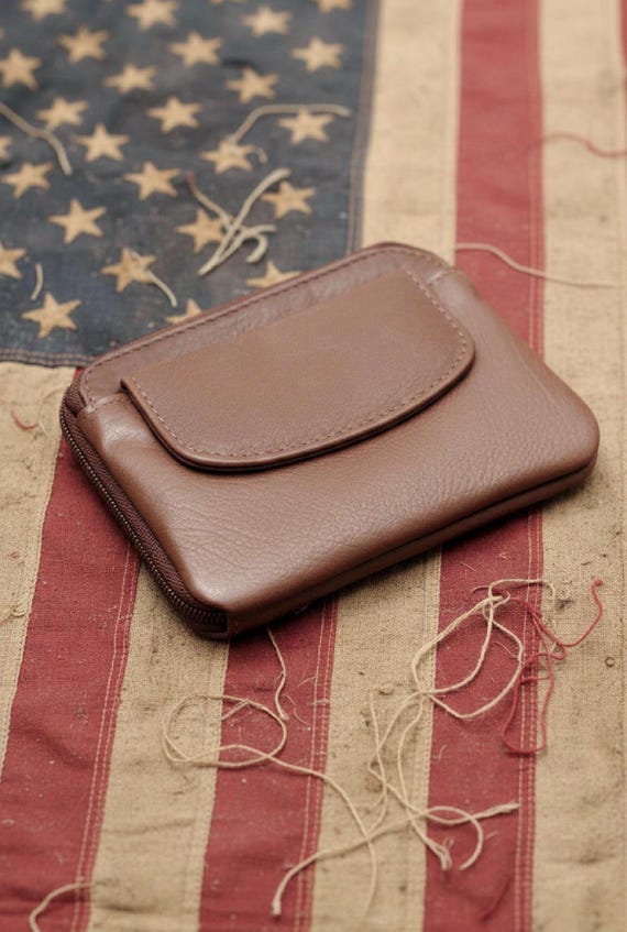 Full Grain Leather Coin Purse with ID Window and Key Ring – Brown Snap Closure Change Pouch with Top Zipper Pocket for Cash & Cards