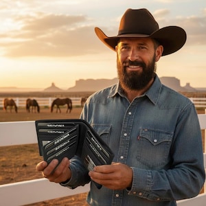 May include: A black bi-fold wallet featuring multiple card slots and the word SEDONA printed on each card. The wallet is constructed with a textured finish and includes a clear identification window, providing organized storage for cards and currency.