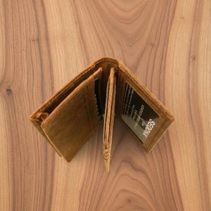 Vintage Buffalo Leather Business Card Case with Center Flap, High Capacity Gusseted Credit Card Wallet with ID Window and Outside Pocket