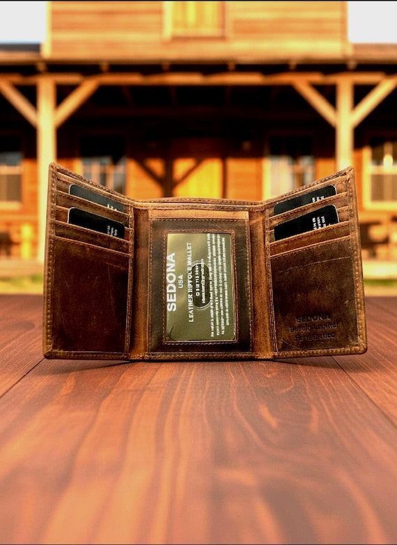 Vintage Buffalo Leather Trifold Wallet with Large ID Window