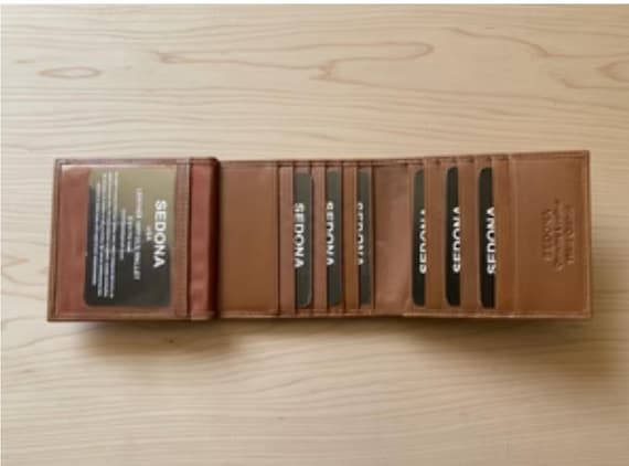 Cognac Leather Trifold Wallet with 18 Card Slots