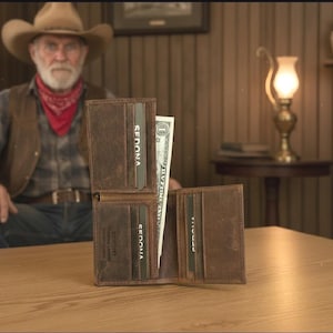 May include: A brown leather bifold wallet standing upright on a wooden surface. The wallet features multiple interior card slots, each containing a card labeled Sedona, and a central compartment holding a single one-dollar bill.