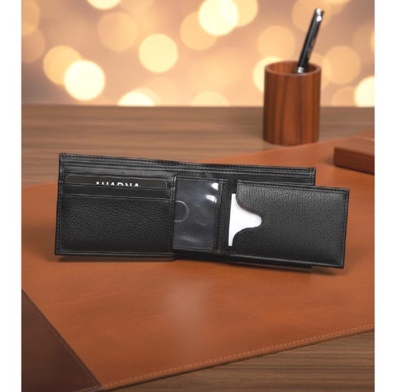 Cowhide Leather Bifold Wallet with pullout center flap