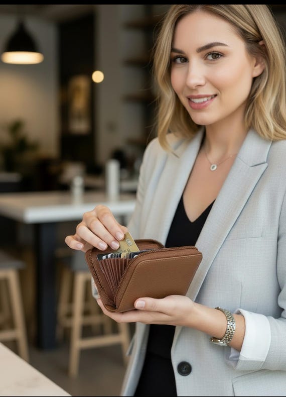 Cowhide Leather Accordion Credit Card Case with Zipper