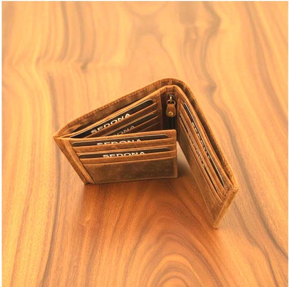 Buffalo Leather Bifold Wallet with Zipper in Cash Compartment
