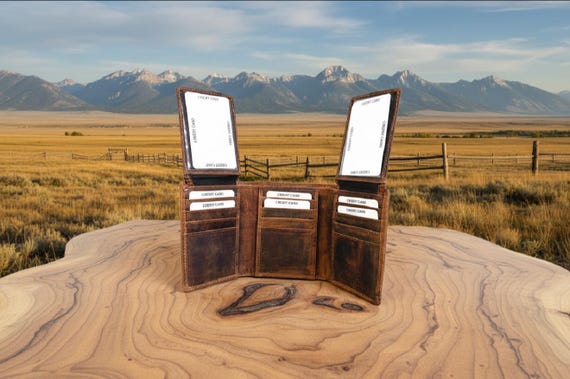 RFID Buffalo Leather Trifold Wallet with 2 flaps