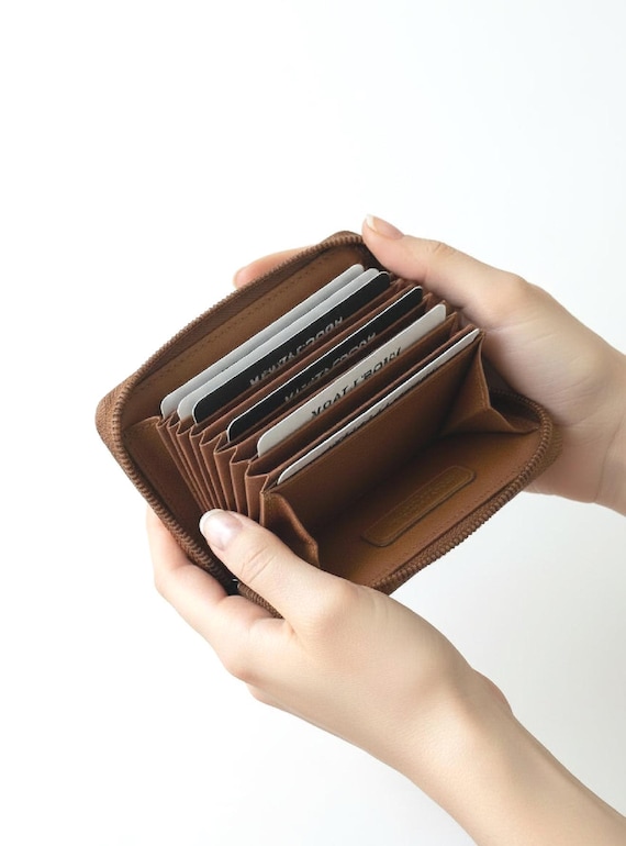 Cowhide Leather Accordion Credit Card Case with Zipper