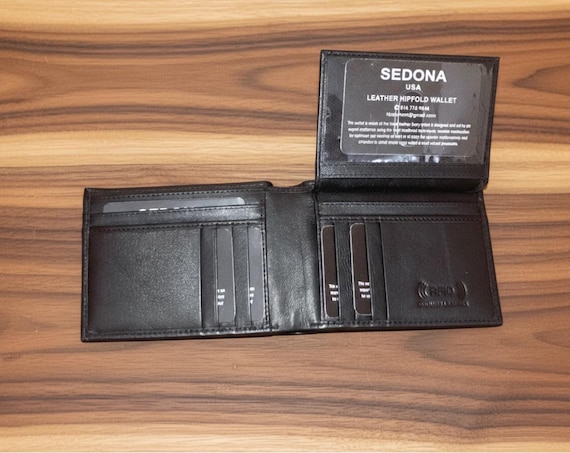 RFID leather bifold wallet with 18 card compartments and one large ID window