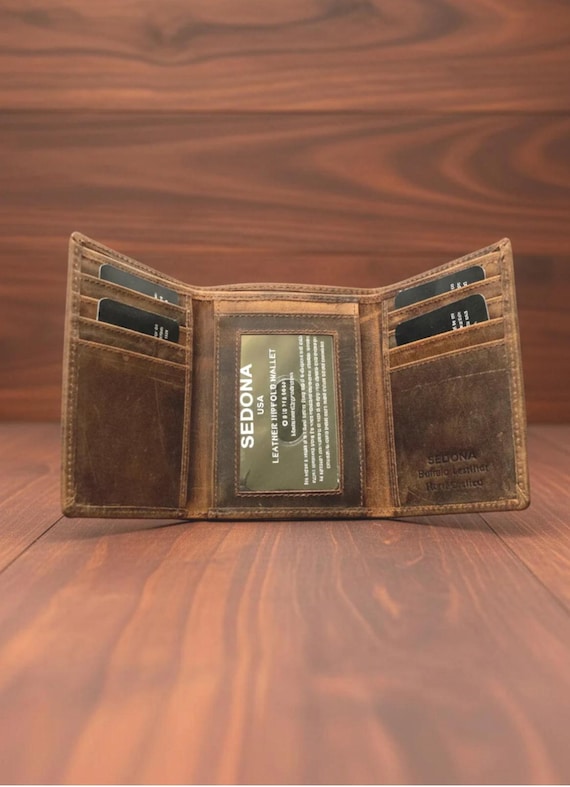 Vintage Buffalo Leather Trifold Wallet with Large ID Window