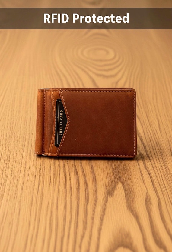 RFID Protected Cowhide Leather Money Clip Wallet with external card pockets