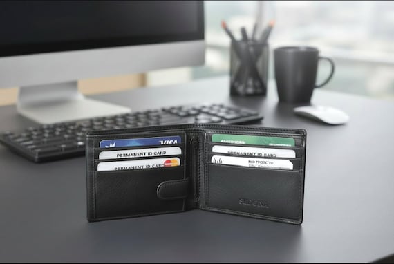 Full grain Cowhide Leather RFID Bifold Wallet with snap closure