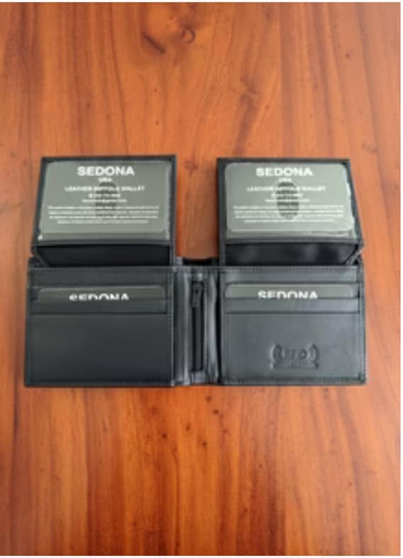 Cowhide Leather Bifold Wallet with double sided flap, 4 ID Windows and RFID Security