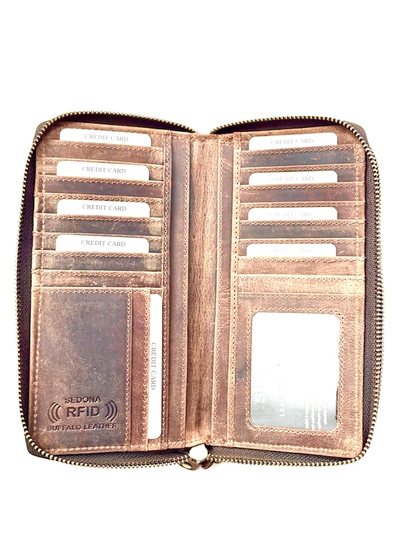 SEDONA® Women's RFID Clutch Wallet, double zipper, Buffalo Leather