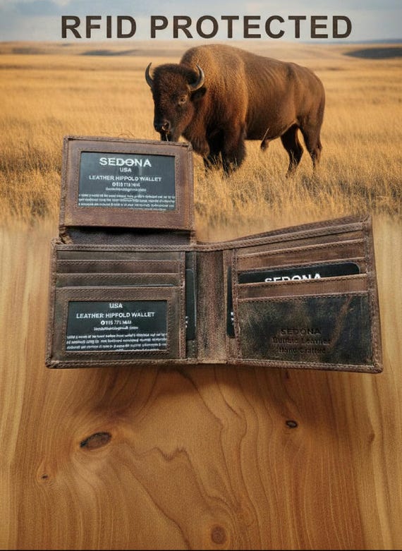 RFID Protected Vintage Buffalo Leather Wallet with 2 ID Windows