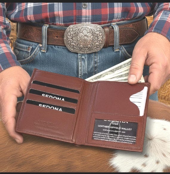Cowhide Leather Hipster Wallet with zipper in cash compartment