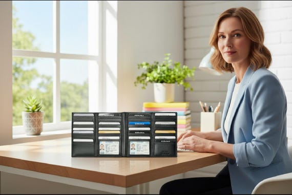 Fourfold Credit Card Holder with 38 Card Slots and 2 License Windows