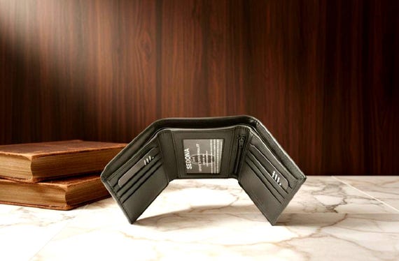 RFID Protected Trifold  Leather Wallet with Pullout Card Case and Zipper