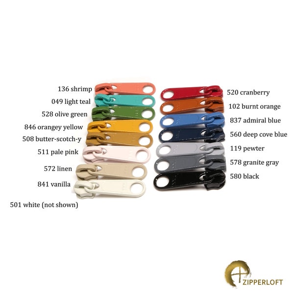 YKK DFL Long Pull Sliders for #4.5 Heavy Duty Coil Zipper - 24 colours - Set of 5. Zipperloft - Canadian Supplier.