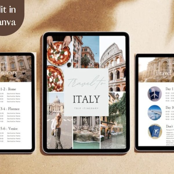 Travel Itinerary Template - Italy Travel Template, Fully Customizable Template in Canva for Travel Days, Travel Itinerary, Travel Guide
