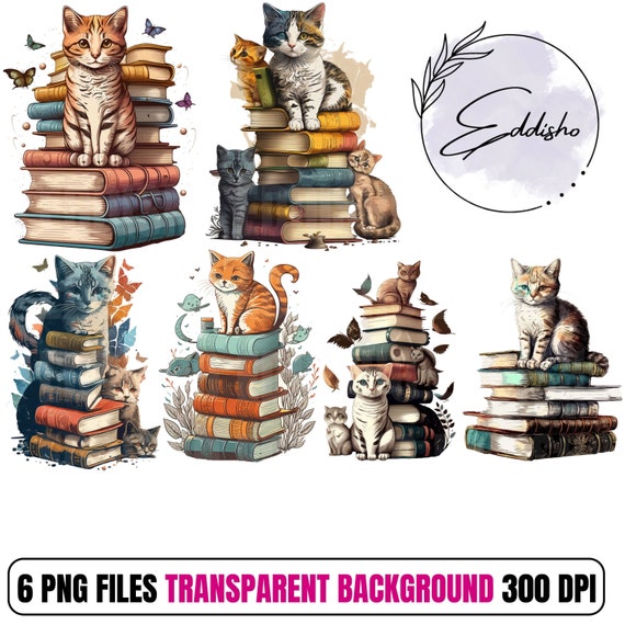Cat Books Clipart PNG, Watercolor Librarian Gift Cat Books Clipart Cat Books  PNG Little Cat Books PNG Cat Books Vector Sublimation Prints 