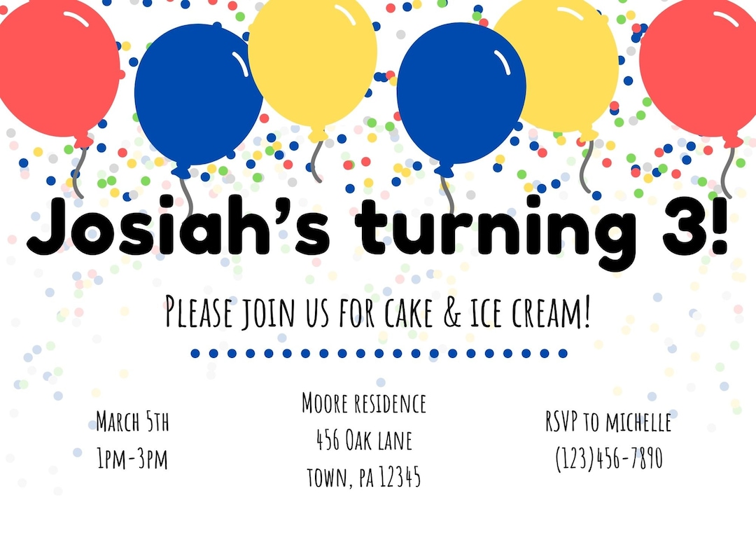 Kids Birthday Invitation With Balloons and Confetti Personalized