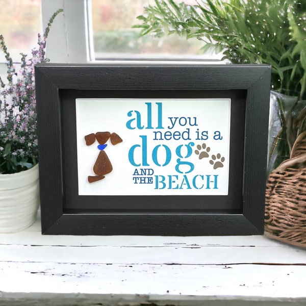 Sea Glass Framed Art Gift| Unique Seaglass Pet Dog Puppy Present For Birthday| Cute Animal Picture Decor For Home| Beach Gift Pet Lover