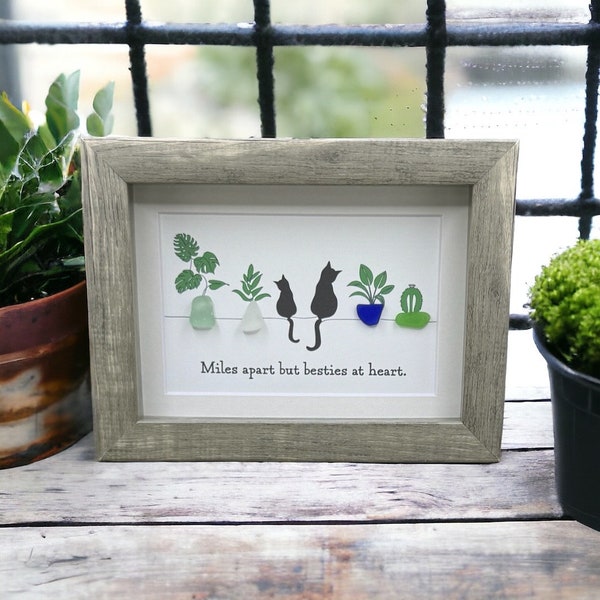 Sea Glass Framed Art Gift| Unique Seaglass Pet Cat And Plants Present For Birthday| Cute Sister Gift| Animal Picture Decor For Home
