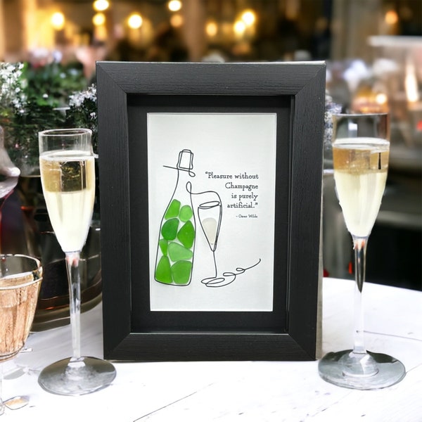 Champagne Cocktail Sea Glass Art | Unique Seaglass Bar Decor| Cute Happy Hour Art Picture| Oscar Wilde Quote Framed Friend Gift