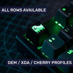 May include: A black mechanical keyboard with green backlighting. The keyboard has a keycap with a pixelated dog design. The text "ALL ROWS AVAILABLE" and "OEM/XDA/CHERRY PROFILES" is visible on the keyboard.