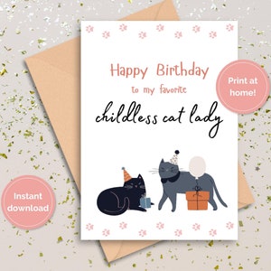 Cartão de aniversário da senhora gato sem filhos, cartões de aniversário de gato, cartão de aniversário engraçado para ela, cartão de aniversário para impressão gato, cartão de aniversário exclusivo