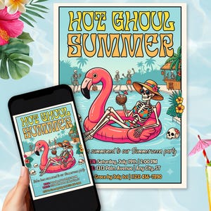 Summerween Party Invitation Template, Hot Ghoul Summer Pool Party Flyer, Editable Summer Halloween BBQ Invite, Skeleton Summer Bash