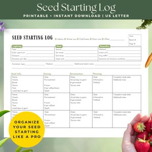 May include: A printable seed starting log, US Letter size, with sections for lighting, heat, and seed information. The log includes areas for sowing, germination, and thinning details. The text "ORGANIZE YOUR SEED STARTING LIKE A PRO" is also visible.