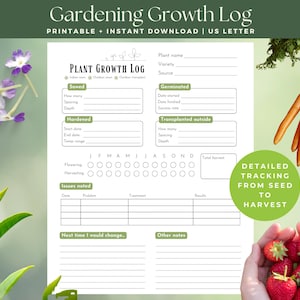 May include: Printable gardening growth log with a white background and black text. The log includes sections for plant name, variety, source, sowed, germinated, hardened, transplanted outside, flowering, harvesting, issues noted, next time I would change, and other notes. The log also includes a calendar for tracking plant growth throughout the year.