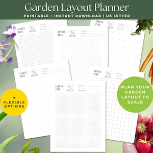 Puede incluir: Varios planificadores de diseño de jardín imprimibles con patrones de cuadrícula y puntos. El texto dice "Garden Layout Planner" y "Planifique el diseño de su jardín a escala". La imagen también incluye zanahorias frescas, fresas y flores.