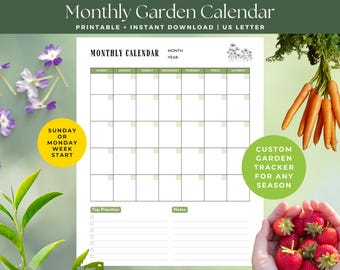 Calendario mensual de jardinería, elementos esenciales para el jardín, plantillas imprimibles para planificadores de jardinería, páginas para diario de jardinería, calendario perpetuo, calendario de plantación