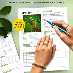 May include: A plant profile sheet with the text "PLANT PROFILE" and "SPACE TO TAPE A PHOTO". The sheet includes sections for plant identity, care, and growth profile. A hand holds a pen over the sheet. The image includes a photo of cherry tomatoes.