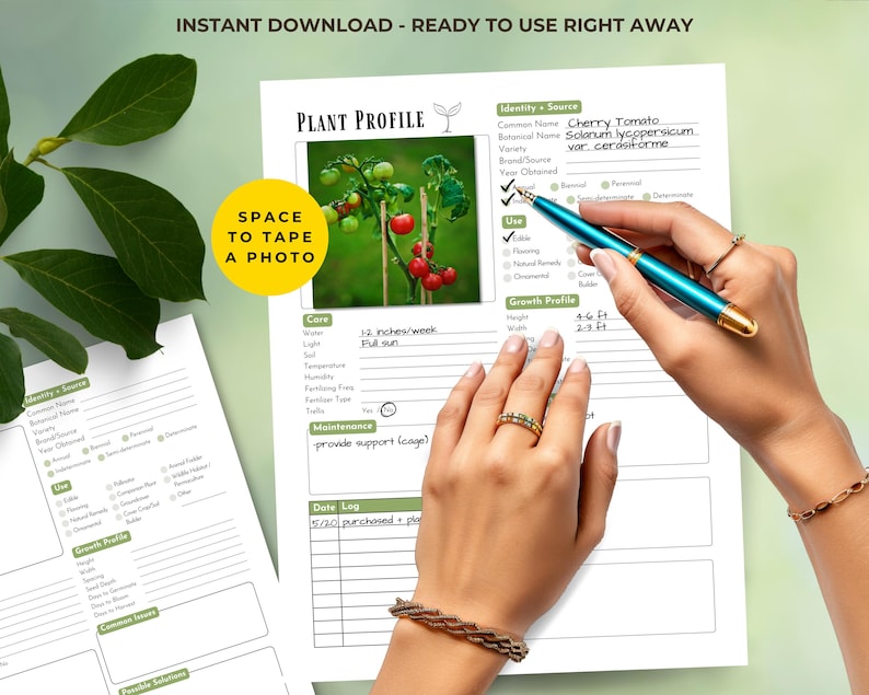 May include: A plant profile sheet with the text "PLANT PROFILE" and "SPACE TO TAPE A PHOTO". The sheet includes sections for plant identity, care, and growth profile. A hand holds a pen over the sheet. The image includes a photo of cherry tomatoes.