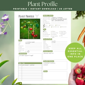 May include: A plant profile sheet, printable and available for instant download. The sheet includes sections for care, growth, and common issues. The image also features a tomato plant, carrots, strawberries, and flowers.