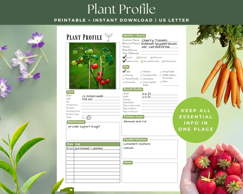 May include: A printable plant profile sheet with the title "Plant Profile" at the top. The sheet includes sections for care, growth, and common issues. The image also features a tomato plant, carrots, strawberries, and flowers.