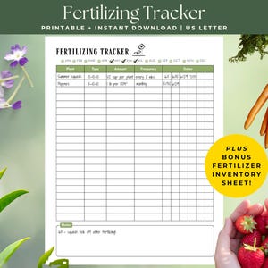 May include: A printable US Letter size fertilizing tracker with a green and white design. The tracker includes sections for plant type, fertilizer type, amount, frequency, and dates. The image also features carrots, strawberries, and flowers.