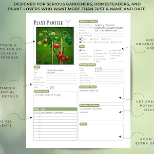 May include: A plant profile sheet with a photo of cherry tomatoes. The sheet includes sections for care, growth profile, common issues, and a date log. Text on the sheet reads: "Designed for serious gardeners, homesteaders, and plant-lovers."