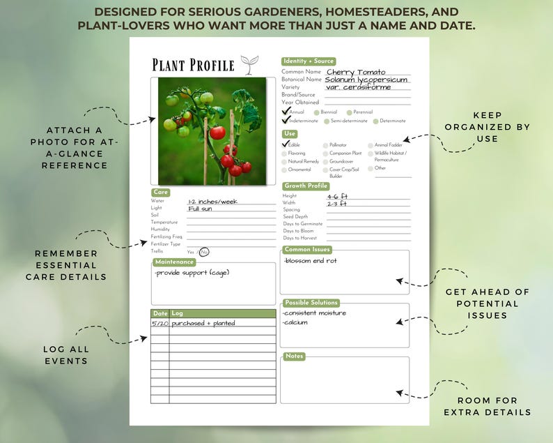 May include: A plant profile sheet with a photo of cherry tomatoes. The sheet includes sections for care, growth profile, common issues, and a date log. Text on the sheet reads: "Designed for serious gardeners, homesteaders, and plant-lovers."
