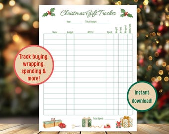 Kerstcadeau-tracker, afdrukbare kerstplanner, kerstchecklist, uitgaventracker voor kerstinkopen, vakantieplanner, kerstbegroting
