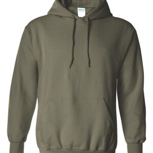 May include: A plain green hooded sweatshirt with a pouch pocket. The sweatshirt has a drawstring hood.
