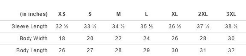 May include: Size chart showing measurements in inches for a garment in sizes XS to 3XL. Measurements include sleeve length, body width, and body length.